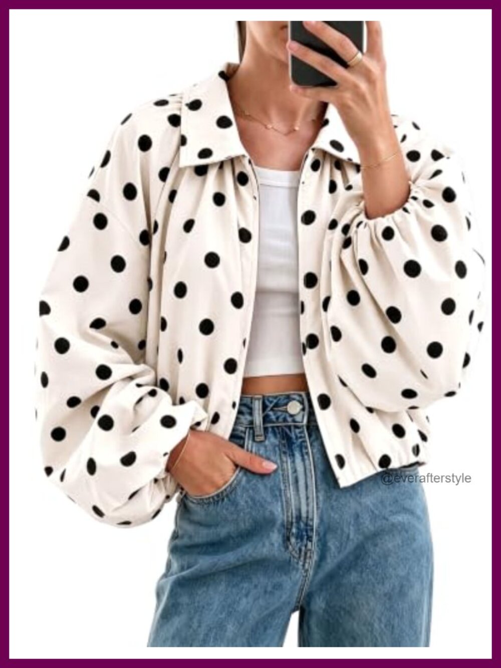 Women Polka Dot Bomber Jacket Pleated Sleeve Loose Cropped Casual Fall Coat